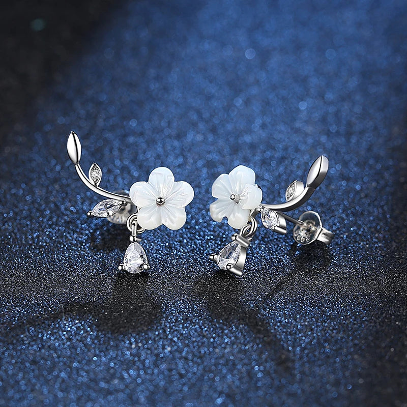 925 Sterling Silver Crystal Leaf Shell Stud Earrings