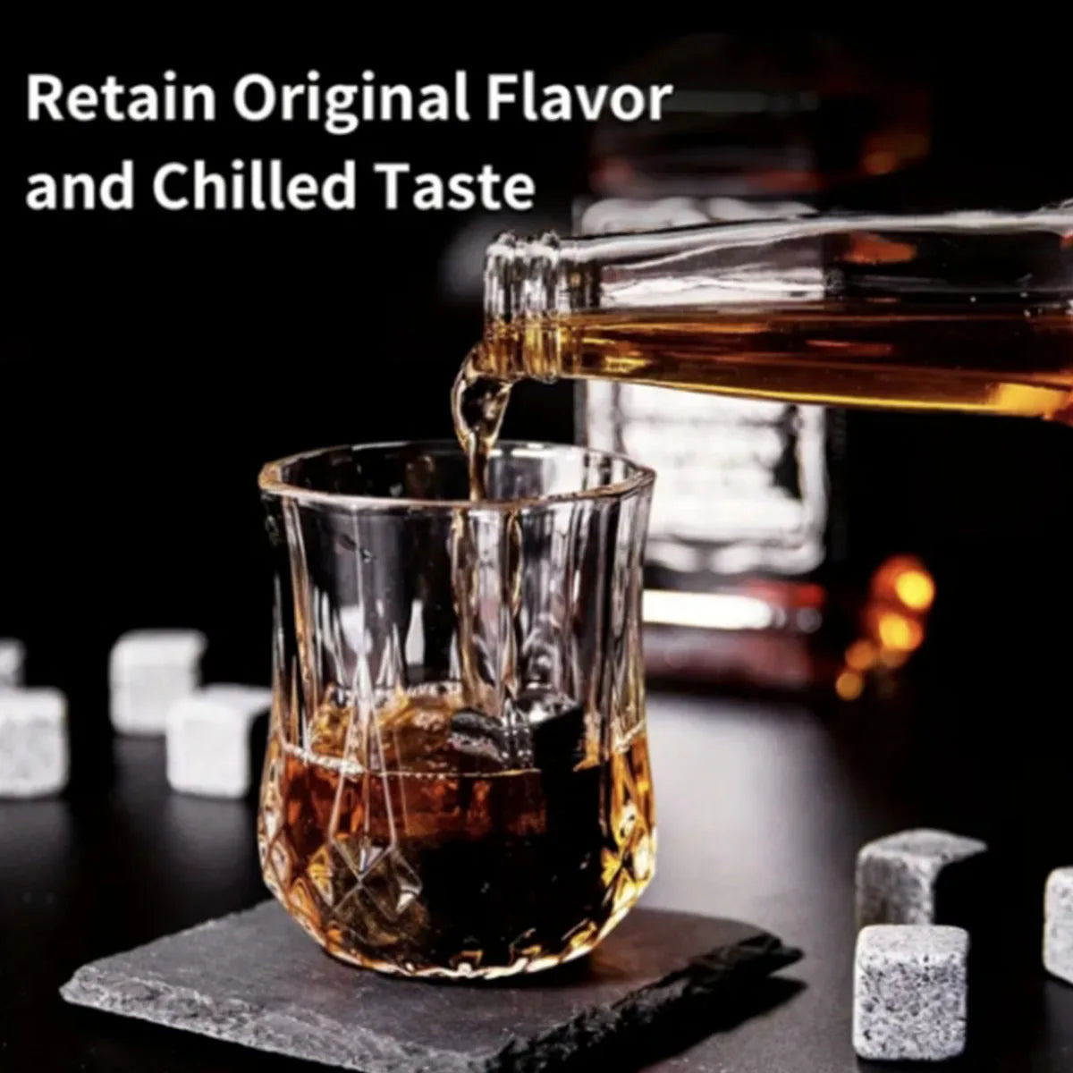 Father’s Day Whiskey Stones & Glasses Set – Granite Ice Cubes in Wooden Box