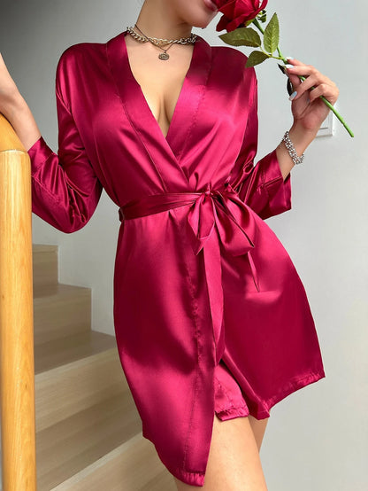 Long Sleeve V Neck Robe With Belt Women's Sleepwear