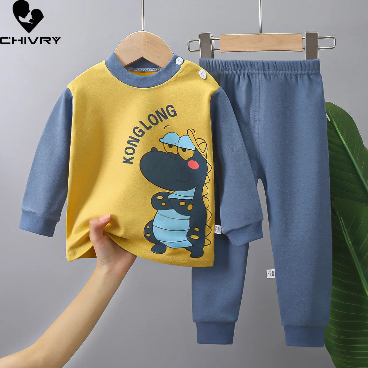 Kids Autumn Pajamas - Cartoon Dinosaur T-Shirt & Pants