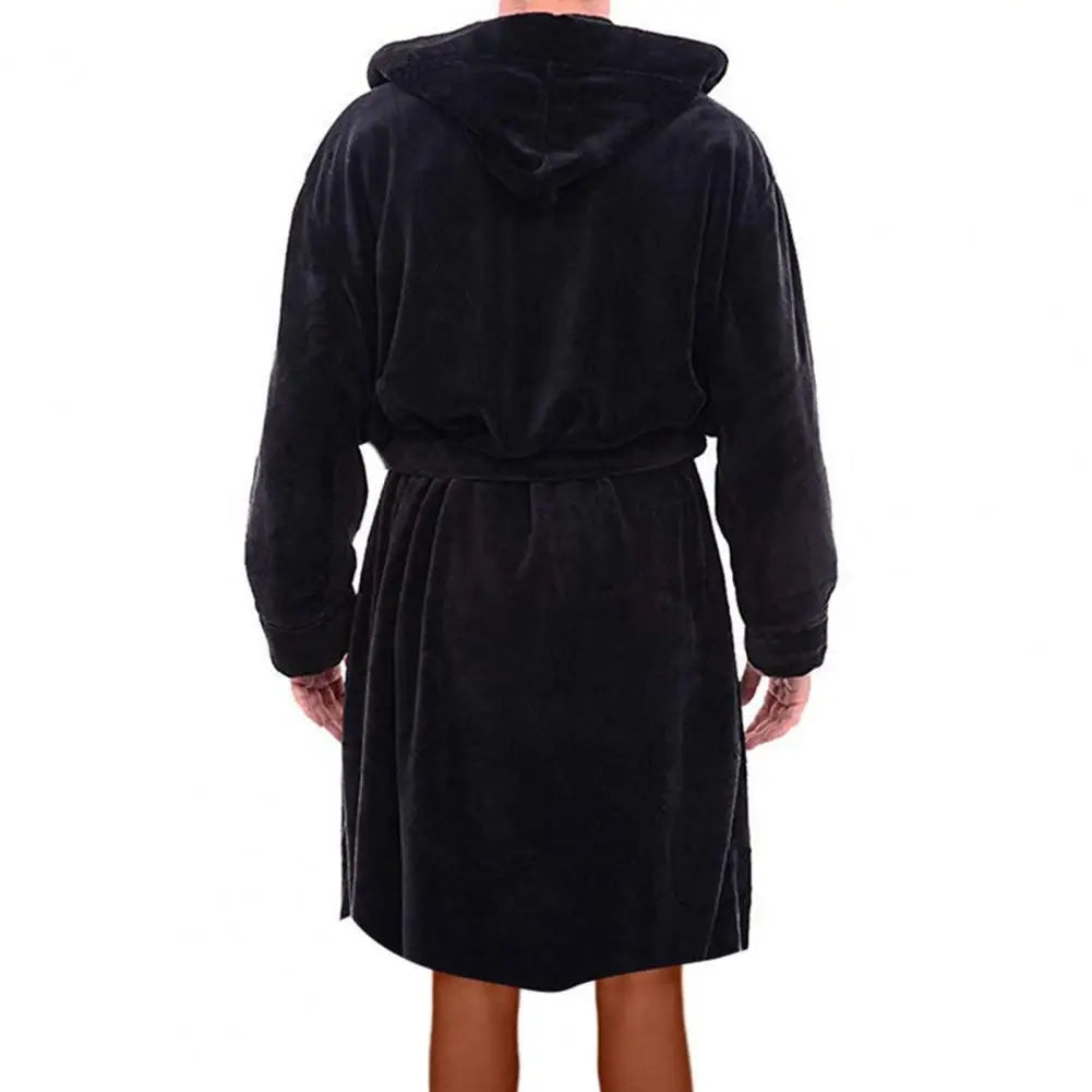 Men's Bathrobe | Solid Color Flannel Hooded Robe