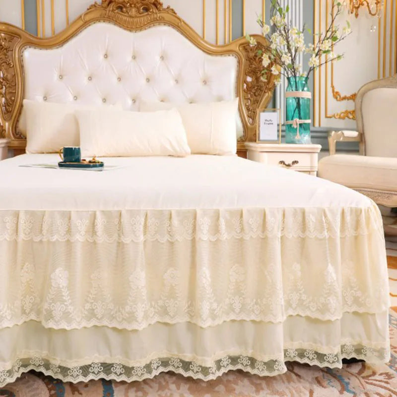 Lace Ruffled Bed Skirt | Elegant Solid Color Non-Slip Mattress Cover