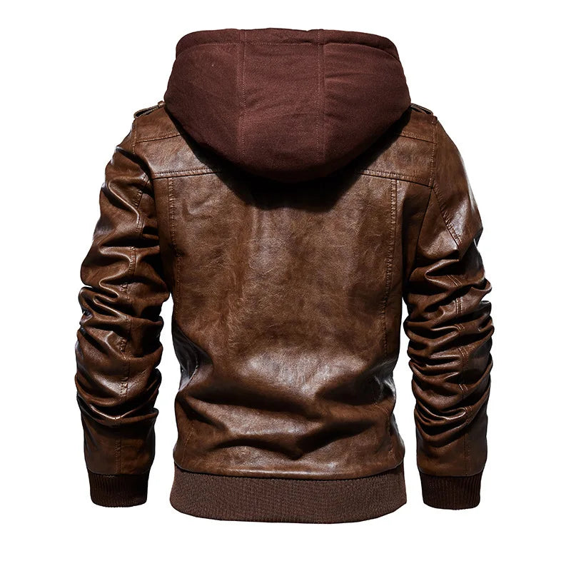 Men's PU Leather Jacket with Plush Fleece Hood – Winter Casual Outerwear