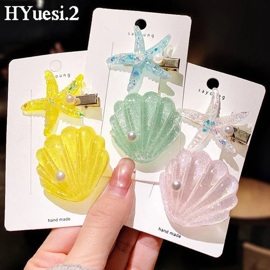 2 pcs Starfish Shell Pearl Hair Clips Set