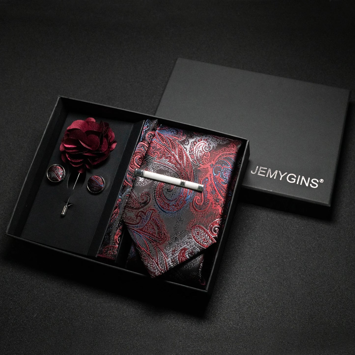 Wine Red Paisley Silk Tie Gift Box Set for Men