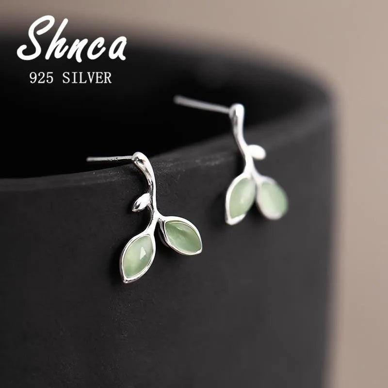 925 Sterling Silver Green Leaf Stud Earrings