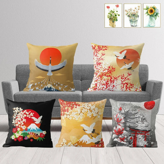 Chinese Style Cushion Cover – Crane Print Peach Skin Pillow Case