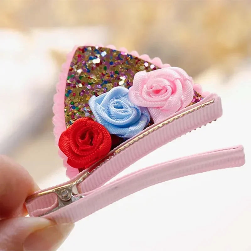 2 Pcs Cute Cat Ear Hair Clips | Glitter Rainbow