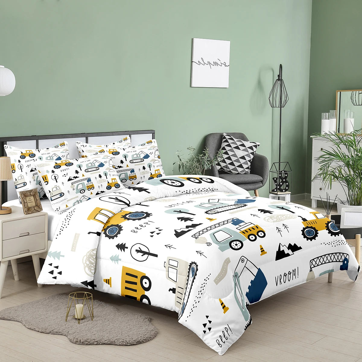 Cartoon Car Kids Comforter Set | Construction Trucks & Excavator Bedding