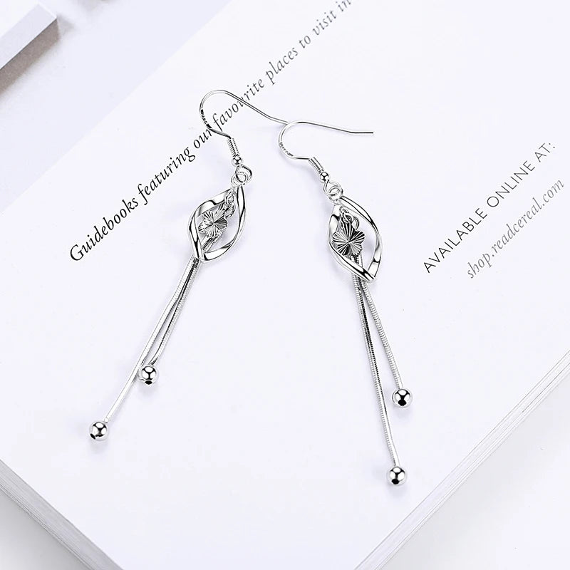 925 Sterling Silver Long Hollow Leaf Drop Earrings for Women