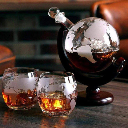 Creative Globe Decanter Set – Lead-Free Carafe with Wood Stand & 2 Whisky Glasses