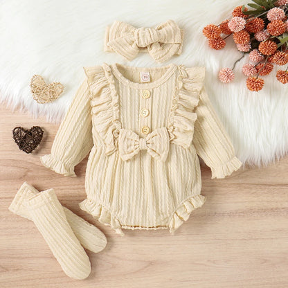 3-Piece Fall Outfit Set for Baby Girls | Ruffle Romper, Socks & Headband