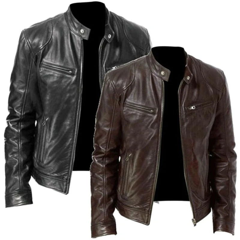 Men's Vintage Faux Leather Biker Jacket with Fleece