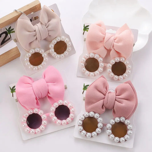 2PC Baby Daisy Pearl Sunglasses & Elastic Nylon Headband