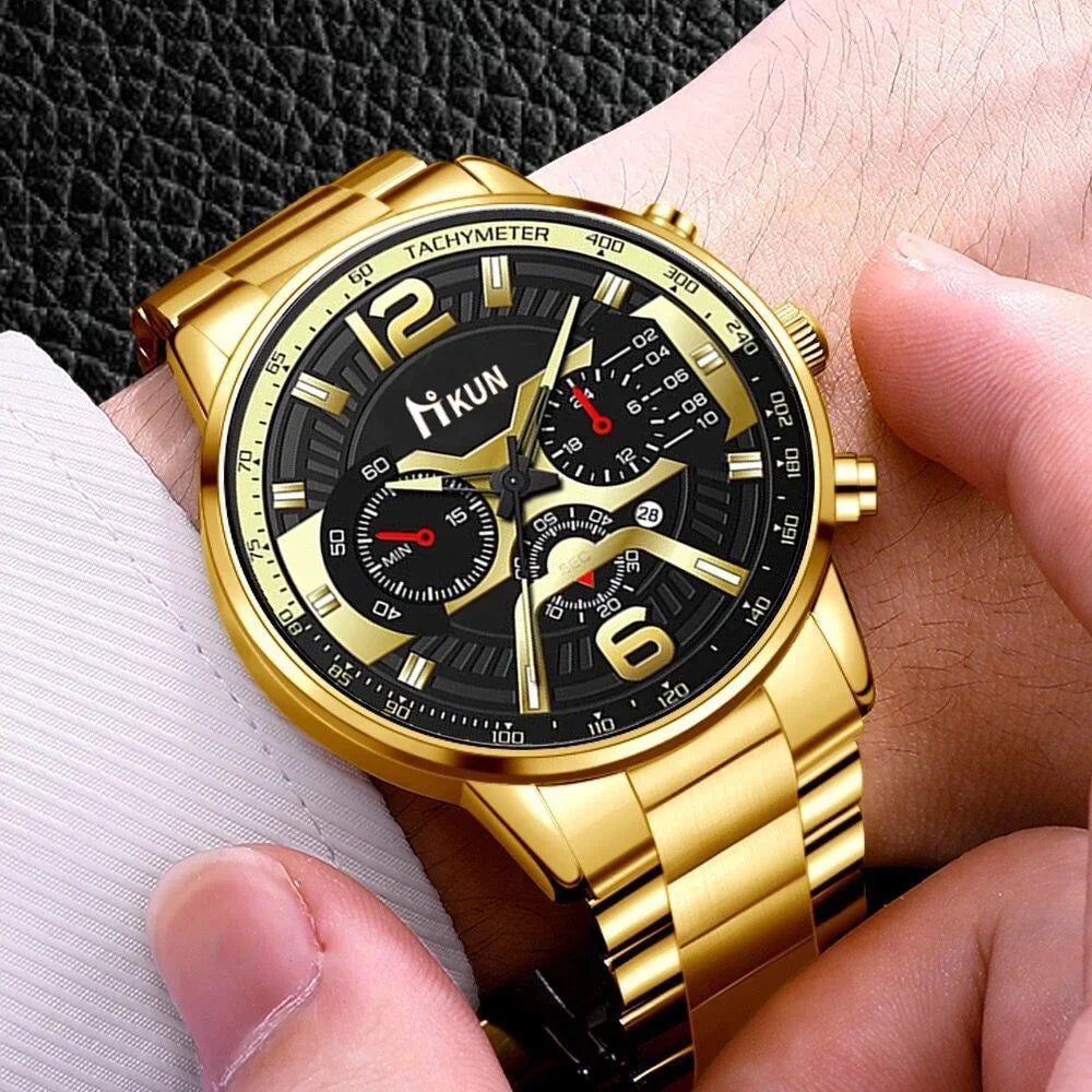 Kegllect Men's Luxury Gold Stainless Steel Chronograph Watch - Business Quartz Wristwatch