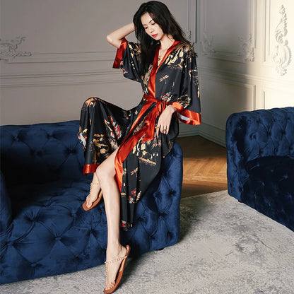 Floral Print Satin Kimono Robe for Women