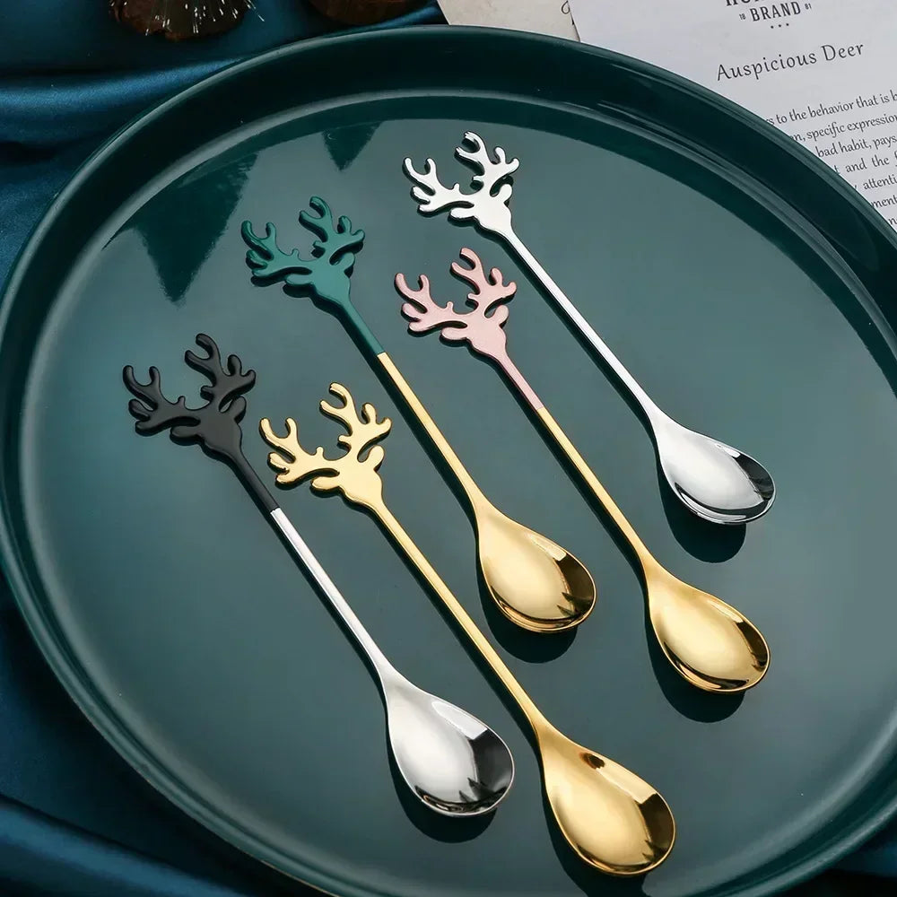 4 pcs Christmas Elk Head Stainless Steel Coffee Spoons