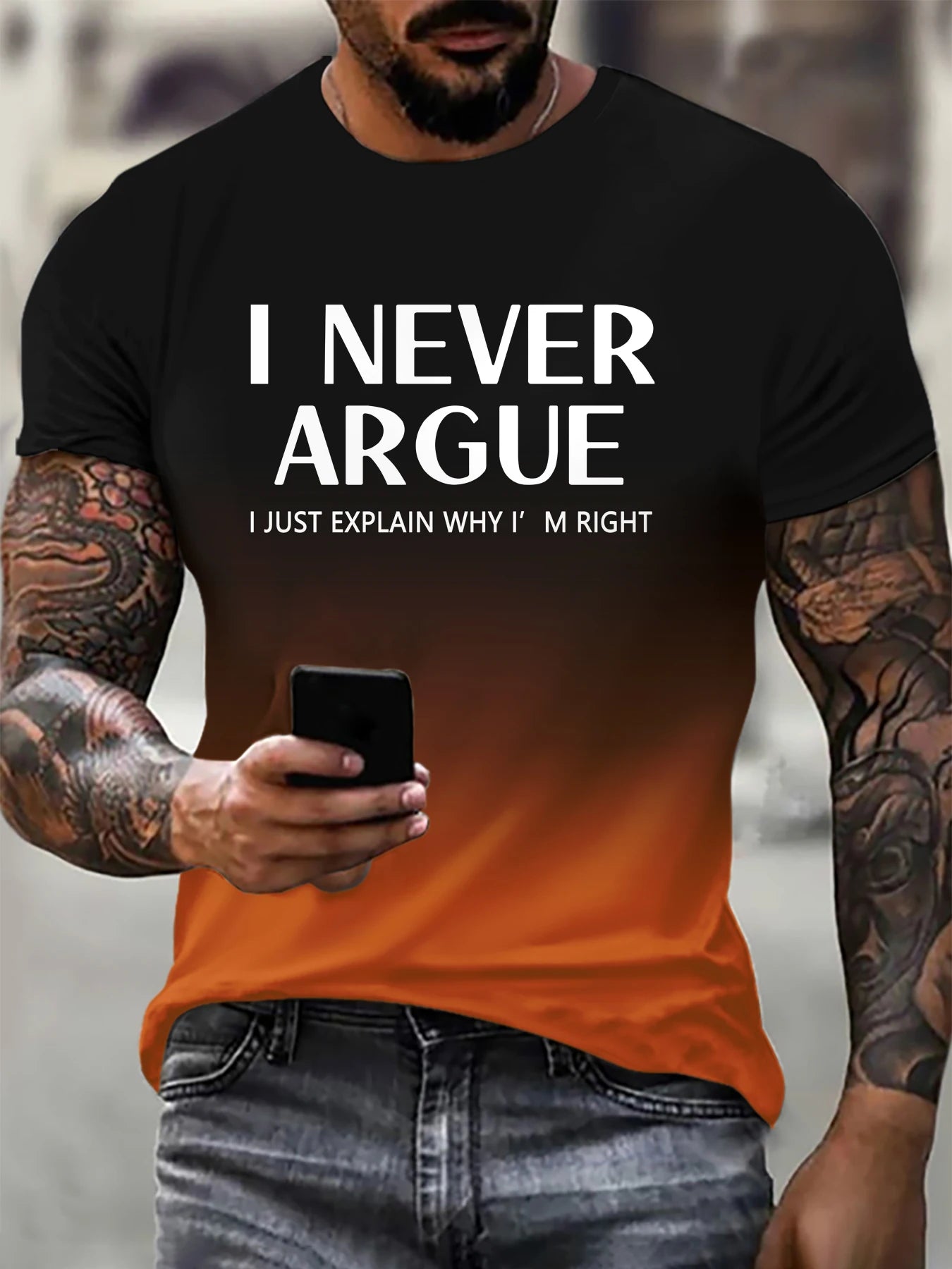 Men's gradient color I Never Argue letter pattern 3D full body digital printed T-shirt, cool summer size up