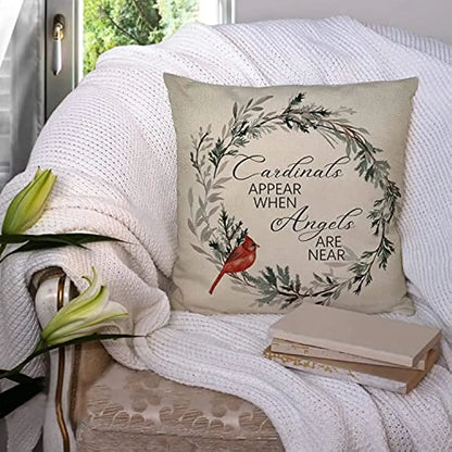 Red Bird Throw Pillow Cover | 16x16 Cardinals Quote Farmhouse Christian Wreath