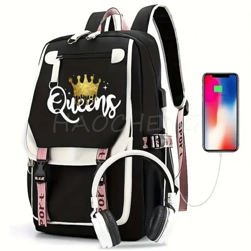 USB Backpack with Golden Queens Print | Canvas Schoolbag for Teens & Women