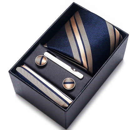 100% Silk Tie Set for Men – Necktie, Handkerchief & Cufflinks in Blue and Gold