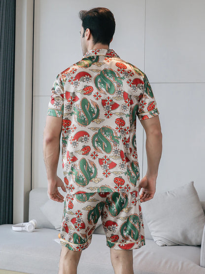 Men's Two-Piece Pajama Set – Summer Short-Sleeved Shorts with Dragon Pattern