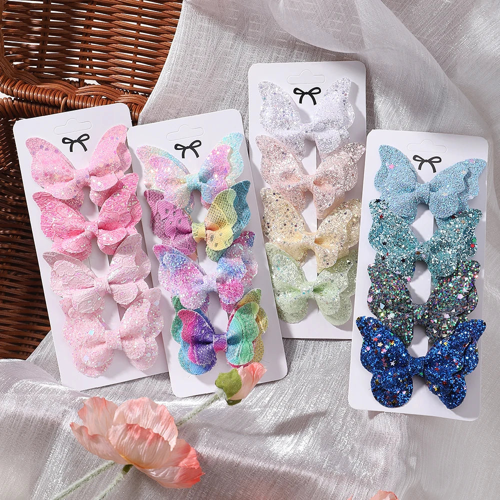 4Pcs Solid Color Cotton Hair Bows | Leather Butterfly Hair Clips for Baby Girls