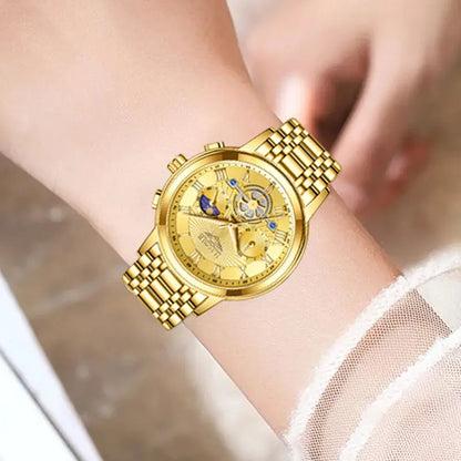 LIGE Ladies Waterproof Gold Watch with Luminous Features