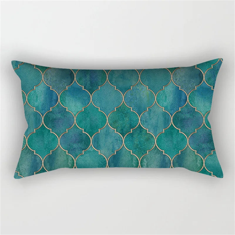 Teal Blue Geometric Feather Leaves Flower Ink Cushion Cover