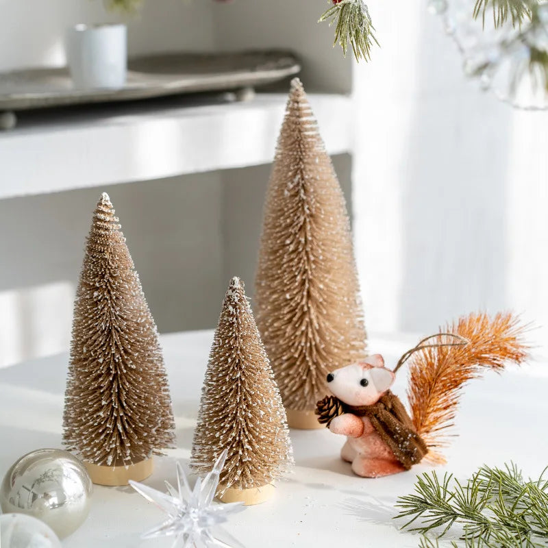 Mini Pine Bottle Brush Christmas Trees – Artificial Decor with Wooden Base