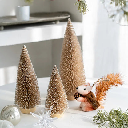 Mini Pine Bottle Brush Christmas Trees – Artificial Decor with Wooden Base