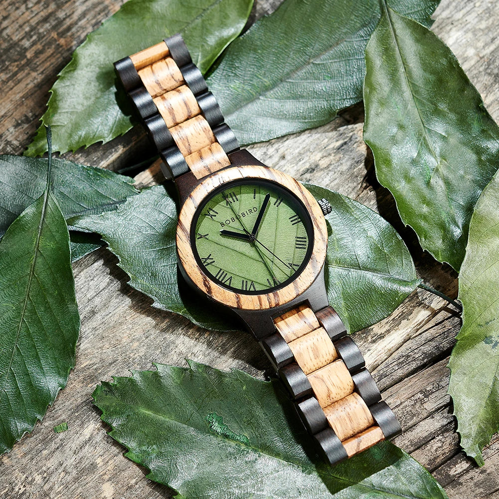 BOBO BIRD Men's Wooden Watch with Genuine Leaf – Custom Handmade Gift