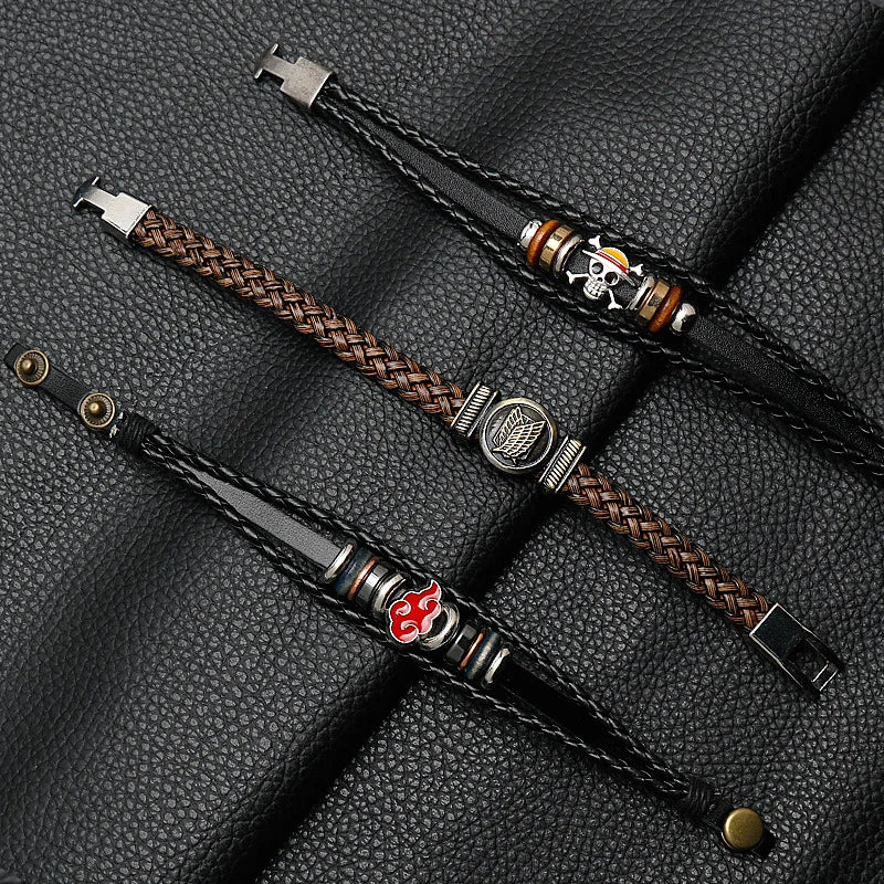 One Piece Lufei Straw Hat Black Leather Bracelet