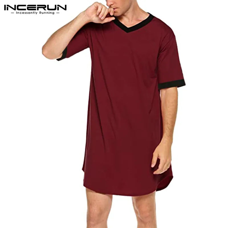 Men's Patchwork Sleep Robe - V-Neck Short Sleeve Nightgown