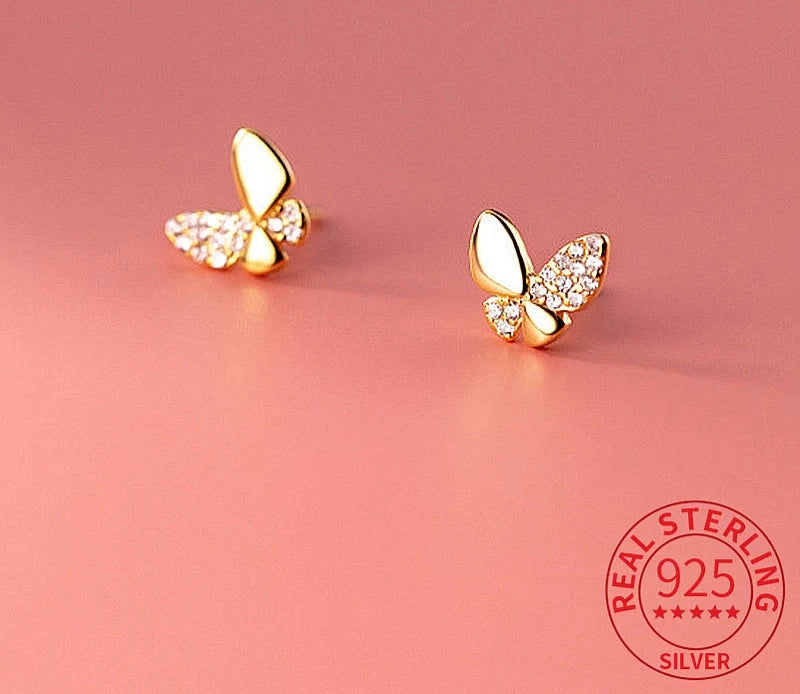 925 Sterling Silver Tiny Zircon Butterfly Stud Earrings