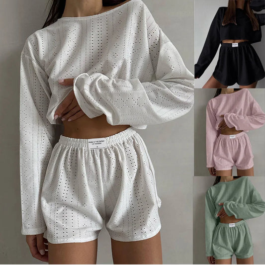 Women's Pajama Set - Long Sleeve Top & Shorts