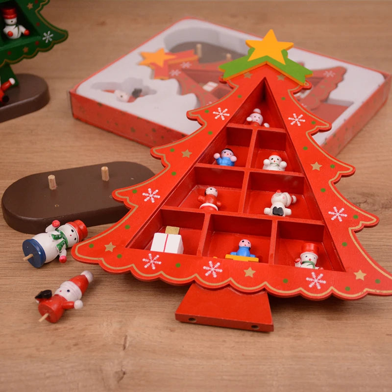 Creative Wooden Christmas Tree Decorations – 3D Red Tabletop Ornaments