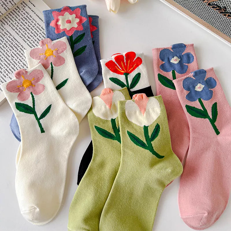 Women's Harajuku Kawaii Cartoon Flower Mid Tube Socks