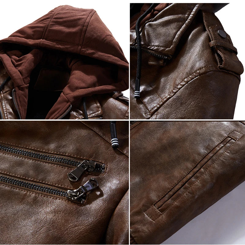 Men's PU Leather Jacket with Plush Fleece Hood – Winter Casual Outerwear