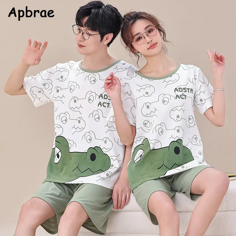 Summer Young Couple's Pajamas - Cartoon Bear Print Cotton Loungewear