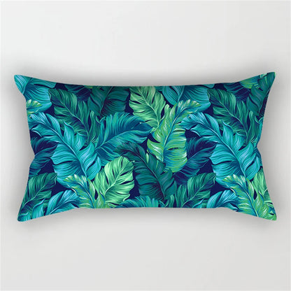 Teal Blue Geometric Feather Leaves Flower Ink Cushion Cover