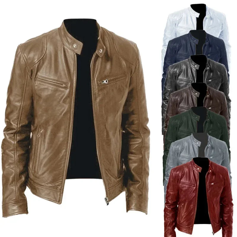 Men's PU Leather Motorcycle Jacket – Slim Fit Zipper Design