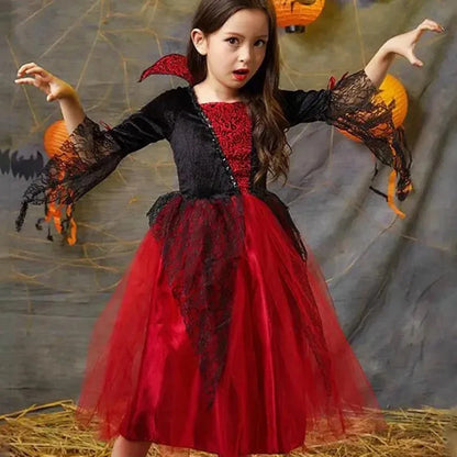 Girls Ghost Bride Costume | Red & Black Tulle Sleeve Dress