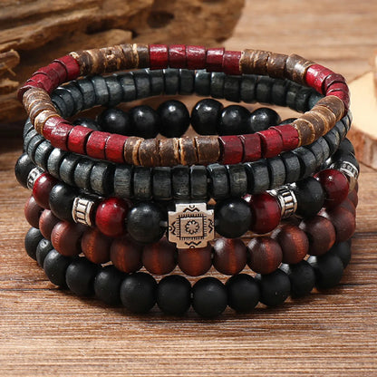 Cross Life Tree 5Pcs/set Vintage Bronze Ethnic Casual Wood Beads Feather Charm Leather Bracelets