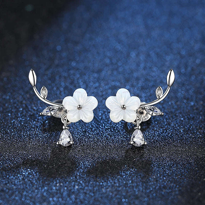 925 Sterling Silver Crystal Leaf Shell Stud Earrings