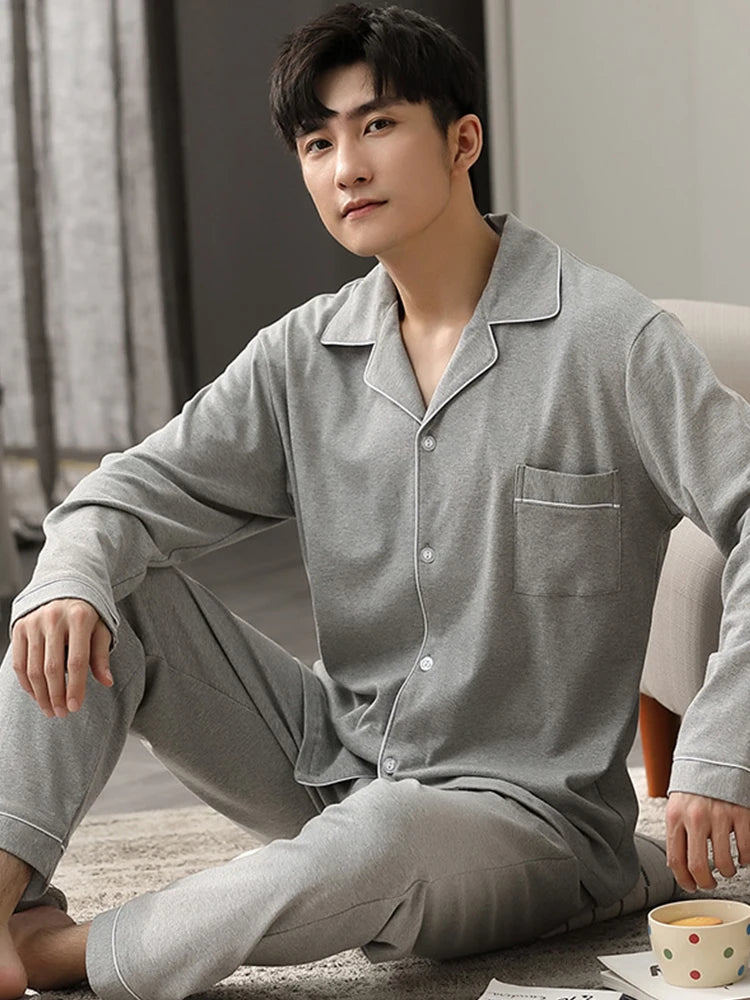 Blue Cotton Winter Pajamas for Men - Full Sleeves 2-Piece Sleepwear Set