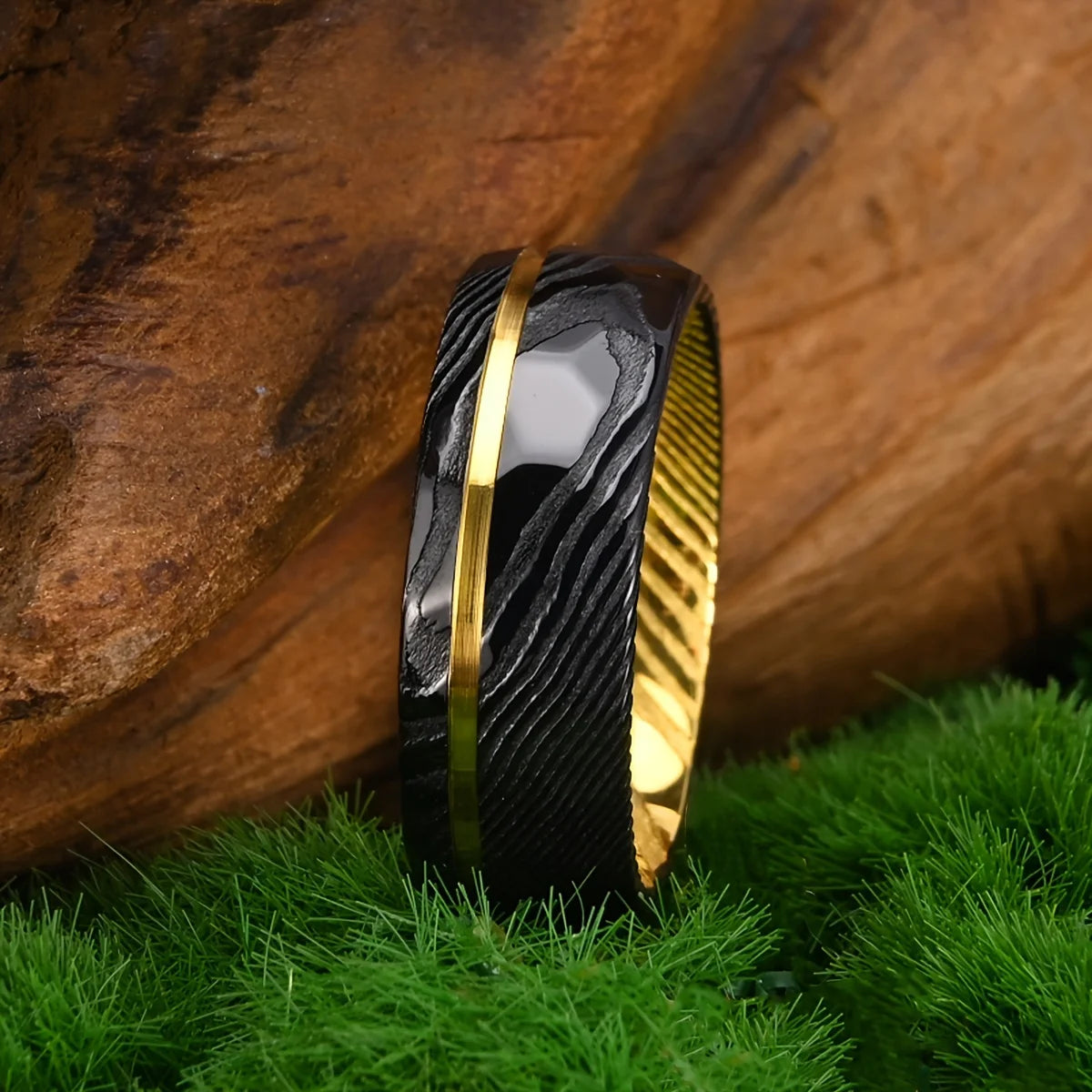 Damascus Steel Ring 8mm Black with Gold-Plated Inner Layer Men's Couple Wedding Ring