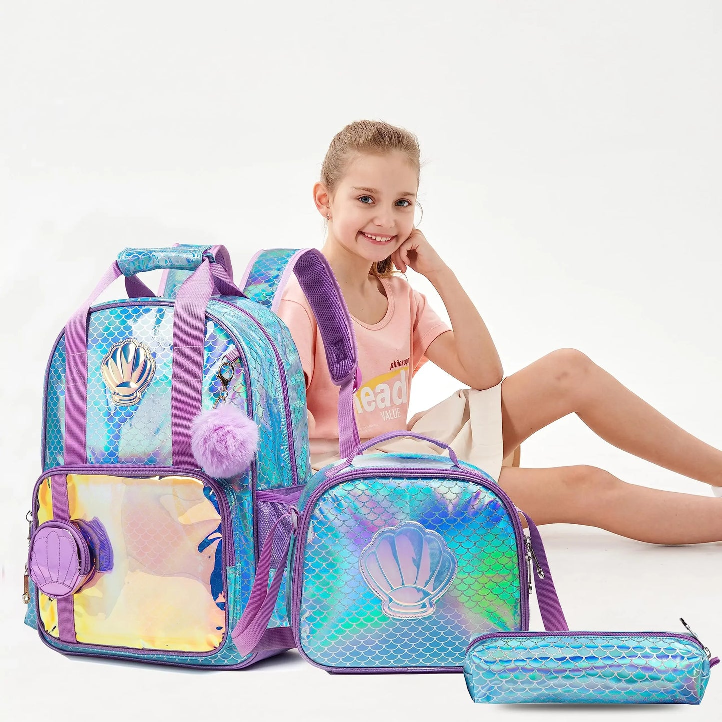 Rainbow & Star Backpack Set for Girls | Glitter Sequin School Bag with Lunch Box