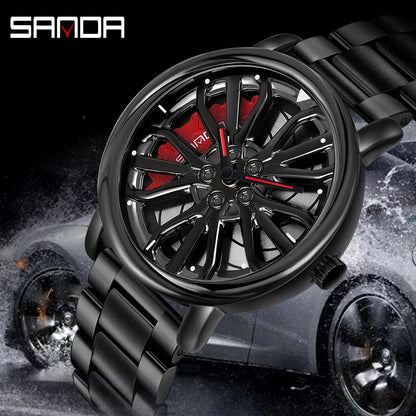 Sporty Men’s Car Rim Wristwatch - 360° Rotating Wheel Dial