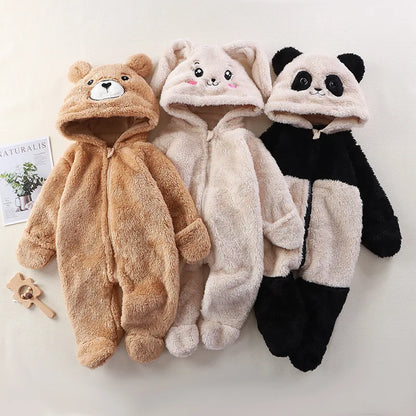 Autumn Winter Baby Hooded Jumpsuit | Plush Cartoon Romper for Newborns